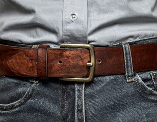 Man Wearing Brown Leather Belt With Jeans.
