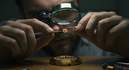 Skilled Watchmaker Carefully Inspecting Tiny Clockwork Mechanism Under Magnifying Glass