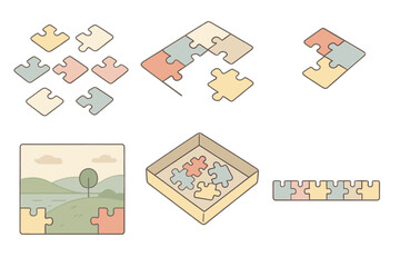 Puzzle Building Basics. Isometric vector illustration set Puzzle Building for Beginners: edge pieces pre-sorted, image showing
