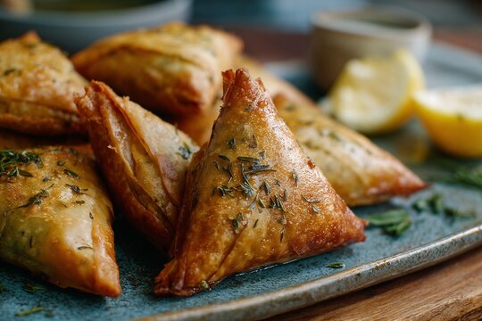Crispy samosas with herbs on ceramic plate close-up - Powered by Adobe
