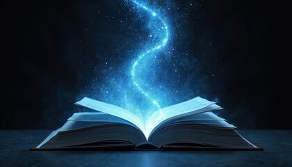Open book rests on dark surface. Intense blue light, glowing particles flow from pages. Luminous stream curves upwards against black background. Art conveys magic, imagination, knowledge, mystery.