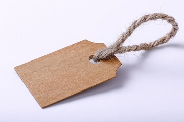 Blank kraft paper tag with string on white background