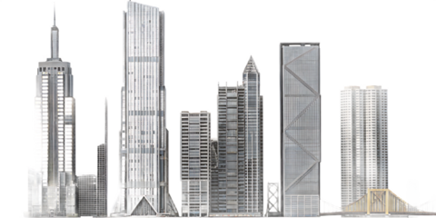 Diverse skyscrapers with varied architectural styles isolated on a transparent background .PNG
