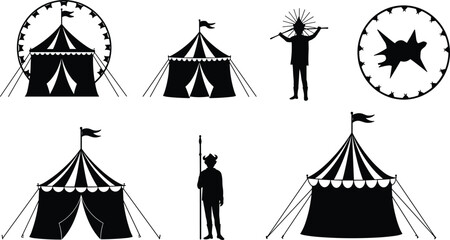 Circus tent vector set, carnival marquee silhouettes, circus performer icons, target board illustration, fairground pavilion design collection