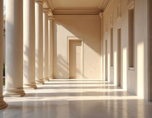 Fototapeta premium Sunlit classical hallway with beige stone columns and marble floor. Geometric pattern of shadows stretches across the elegant empty corridor. Archway leads into grand interior space.