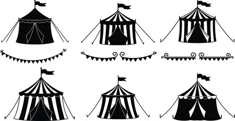 Circus tents vector collection, carnival marquee silhouettes, striped festival tents with flags, decorative banners, vintage fairground illustration set