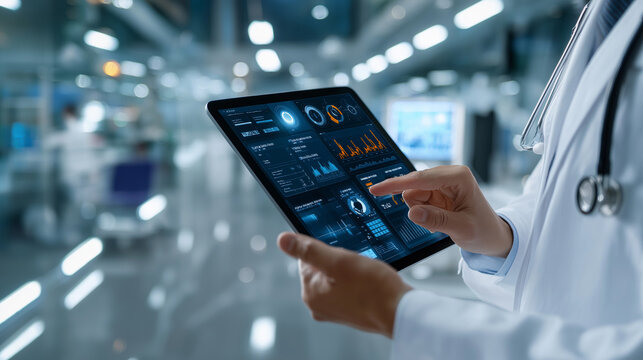 Doctor using digital tablet for patient data review, modern high tech hospital setting