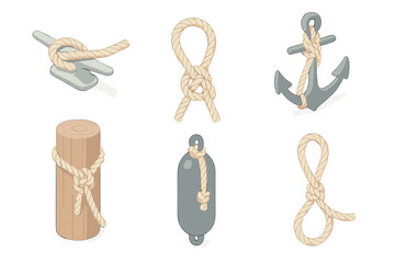 Boat Mooring Knots. Isometric vector illustration set Boat Mooring Knots: mooring rope with cleat hitch, dock line in bowline form