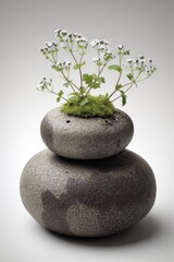 Delicate, light-purple flowers rest in a stack of two textured, gray-brown stones, creating a serene and minimalist artistic display.