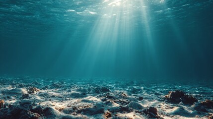 Obraz premium A mesmerizing underwater background with beams of light filtering through the clear blue water. The light creates a dynamic ripple effect on the ocean floor