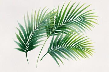 Watercolor palm leaves in green shades on white background