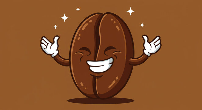 Smiling coffee bean character in cartoon style with warm brown color and sparkles on solid background for advertising