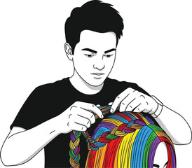 Vector art of young man is weaving a colorful braid