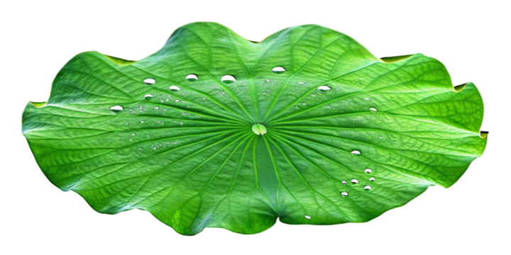 Green lotus leaf with water droplets isolated on a transparent background 