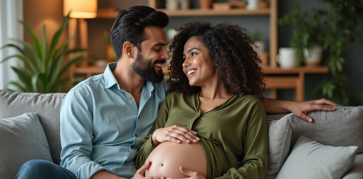 Smiling diverse couple expecting baby. Man and pregnant woman embrace on sofa, looking at each other with love. Future parents share joy and anticipation at home. - Powered by Adobe