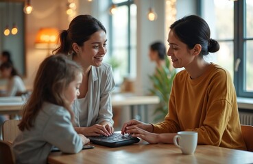 Woman teaches child with special needs using speech generating tablet. Use augmentative alternative device for nonverbal kid. Mother supports daughter with disability in modern inclusive education