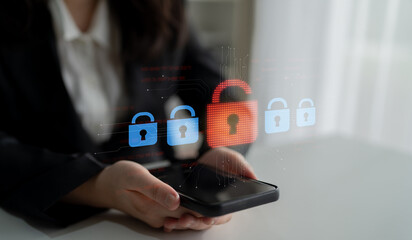 Digital security concept illustrating a cybersecurity breach, with a red unlocked padlock...