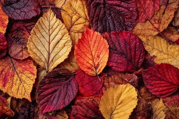Fototapeta premium Colorful autumn leaves in red orange and yellow closeup