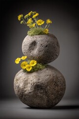 A serene arrangement of stacked, textured rocks, showcasing vibrant yellow flowers and moss, exudes tranquility and minimalist aesthetics.