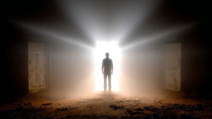 A spectral figure stands at a brightly lit doorway in a deserted room, surrounded by old doors and a dusty floor, evoking a haunting, otherworldly atmosphere