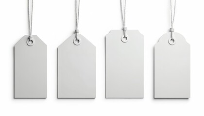 Four blank white paper price tags hang by strings on white background. Tag different shape, empty template. Use for product labels, sales, branding design mockups. Clean minimal set versatile for