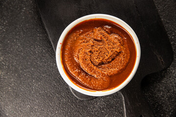 Miso paste spice thick soybean paste for cooking Japanese food tasty snack fresh delicious gourmet food background on the table rustic food top view copy space
