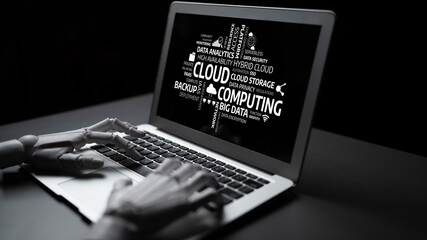 A robotic hand interacts with a laptop displaying various terms related to data analytics and cloud computing, emphasizing modern technology trends in a sleek, dark environment. Tessel