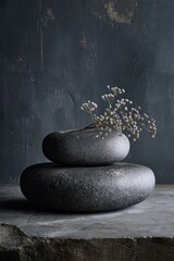 A tranquil arrangement of smooth, dark gray stones, atop a textured surface, showcasing delicate, light-colored blossoms.