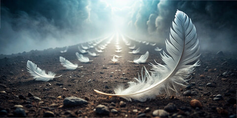 White feathers are scattered on a dirt path, leading into a mystical, foggy landscape. Soft light shines from above, creating an ethereal atmosphere that draws the eye forward