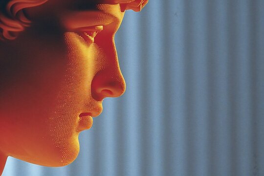 3D digital sculpture face with orange lighting effect