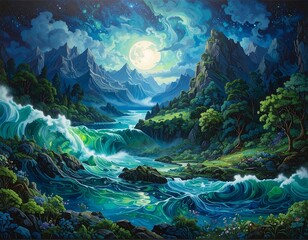 Mystical Moonlight River Valley.