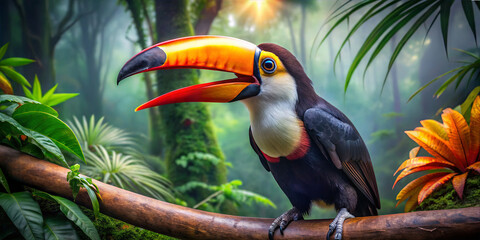 Obraz premium A colorful toucan sits on a branch surrounded by dense greenery in a tropical rainforest. Morning sunlight filters through the trees, creating a serene atmosphere