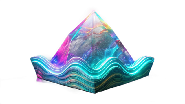 Holographic crystal wave with geometric neon lights modern art isolated transparent background png