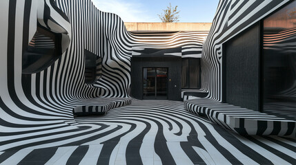 Op art inspired inner courtyard with black and white stripes creating surreal optical illusion architecture.