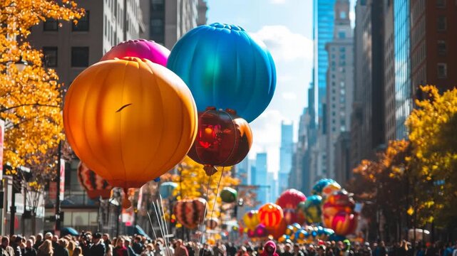 Lively Thanksgiving parade scene with large colorful balloons and floats moving through a city street. Halloween
