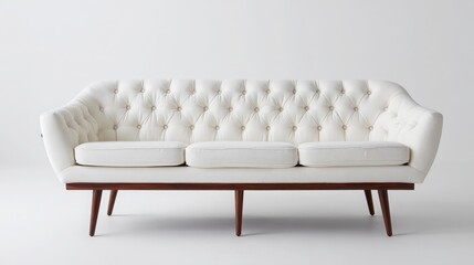 A white, three-seater sofa with wooden legs and a comfortable, plush fabric is the central focus of a minimalist, white background image, inviting relaxation and tranquility
