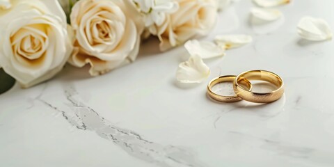 Close-up of pair of gold wedding rings resting with delicate white roses, romantic still life symbolizing eternal love, marriage, and commitment