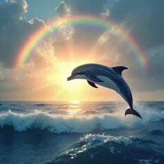 Fototapeta premium Dolphin leaps from sea at sunset near rainbow. Ocean waves break below. Sun shines through clouds creating dreamy seascape. Marine mammal jumps high in air. Coastal scenic views enhance beauty.