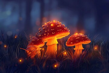 A Whimsical Autumn or Fall Scene of Mushrooms with White Spots and Brown Caps on Grass at Night Under Orange Glow with Snail