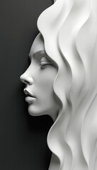Fototapeta premium Monochrome art design depicts serene woman face in profile. Smooth flowing waves shape hair. Minimalist portrait aesthetic. Sculptural form evokes beauty, elegance. Contrast between light, shadow.
