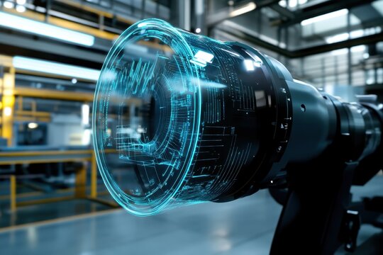 Close-up of advanced robotic arm with digital interface in modern industrial setting