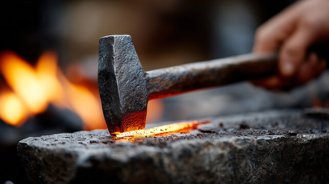 Close up of blacksmith hammering hot, glowing metal on anvil with fire in the background.