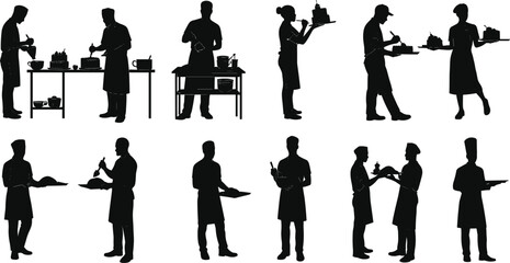 Black silhouette of chefs and bakers decorating desserts, baking cakes and pastries isolated on a white background, culinary art