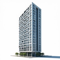 Fototapeta premium Modern high rise building isolated on white. Architectural design of urban skyscraper structure. Real estate residential property construction design. Contemporary city tower apartment.