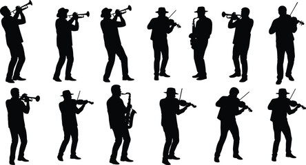 Black silhouette of musicians playing instruments, trumpet, violin, and saxophone, isolated on a white background, jazz band