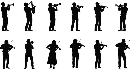 Black silhouette of musicians playing various instruments, including trumpet, saxophone, and violin, isolated on a white background, band members
