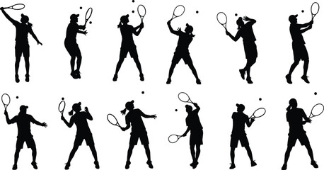 Obraz premium Black silhouette of tennis players, various poses, dynamic and active poses, male and female playing tennis, isolated on white