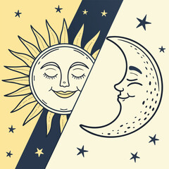 Cartoon drawing of a woman's face with hair on a vector illustration of a moon and stars design