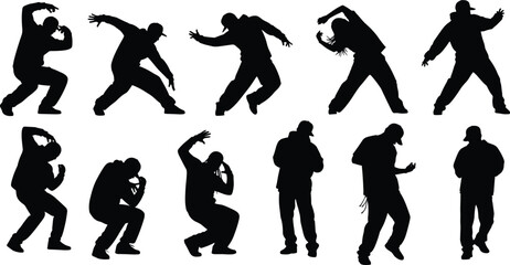 Breakdance vector silhouette set, young people dancing in a street style, male hip hop dancers in a street urban style, breakdancing moves