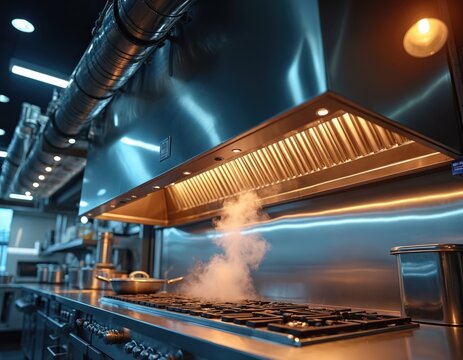 Commercial kitchen with stainless steel cooking range and large exhaust hood. Steam rises from cooking pans on gas stove under ventilation system. Professional cooking equipment in restaurant kitchen.